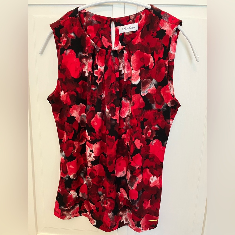 Calvin Klein Sleeveless Blouse with Red, Maroon, Black Floral Print